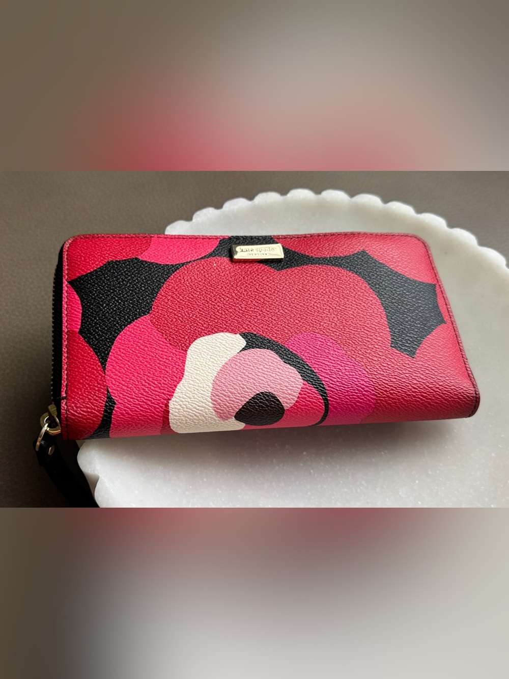 kate spade Red Pink Floral Zip Around Wallet